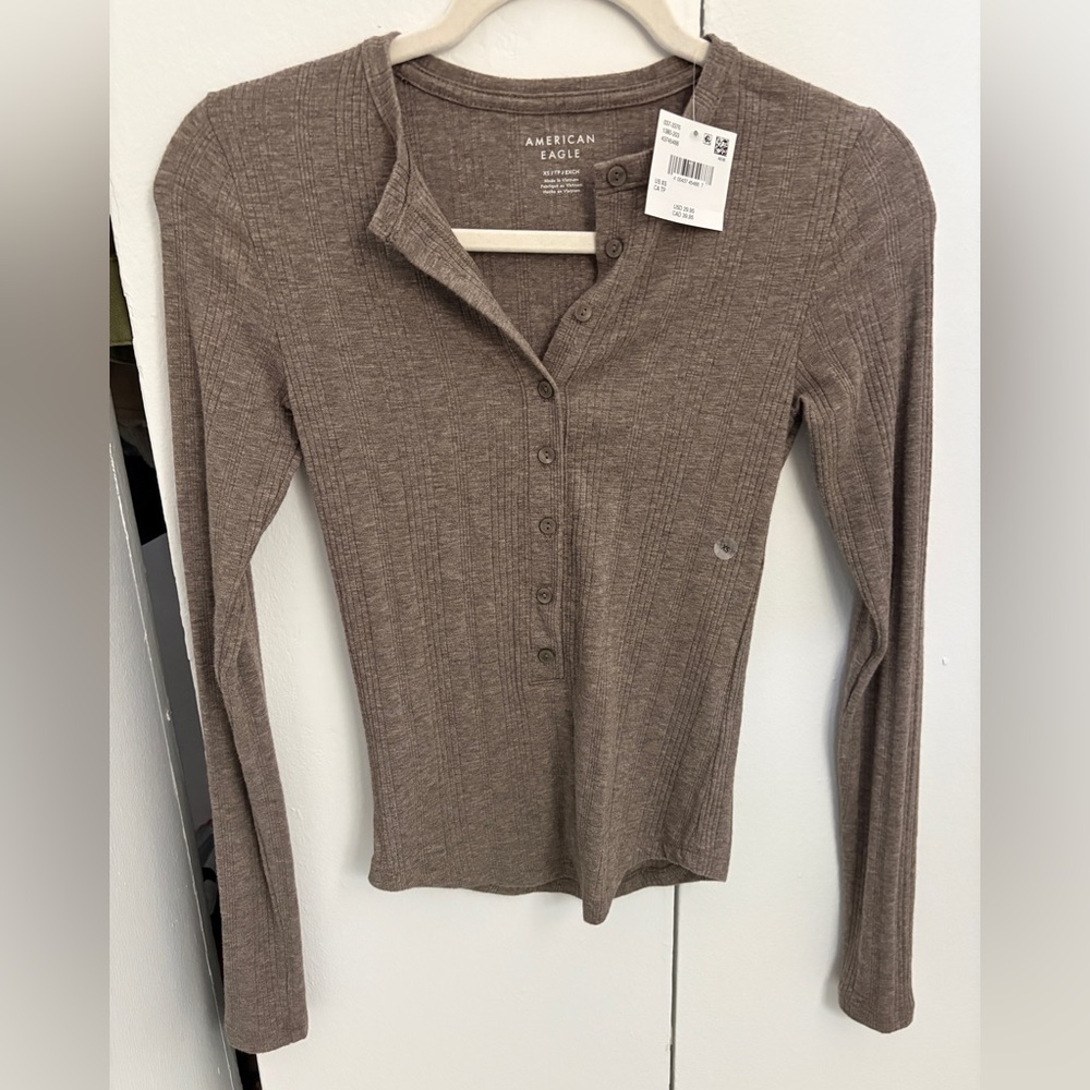 American Eagle Outfitters Ribbed Henley Long-Sleeve Top - Taupe Brown